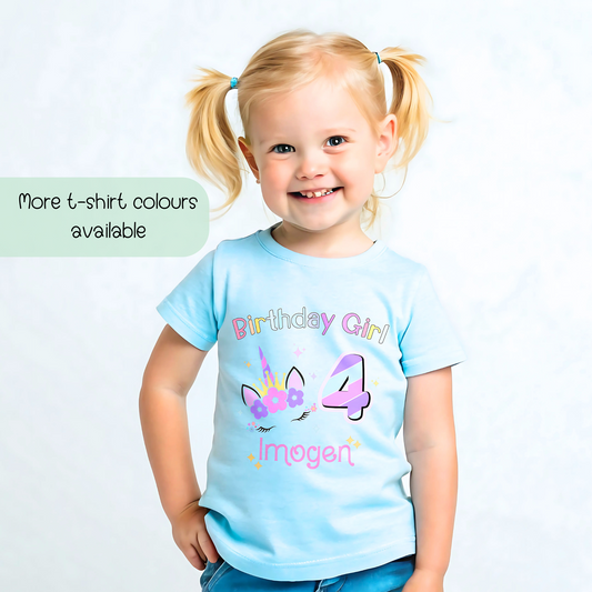 Unicorn Birthday T-shirt for girls, A personalised birthday t-shirt for girls, featuring a pink and purple unicorn design. The t-shirt is customisable with the child&#39;s name and age, making it a perfect birthday gift. The vibrant colours and whimsical unicorn imagery make it an ideal choice for a toddler celebrating her special day. The t-shirt is available in white, blue and pink.