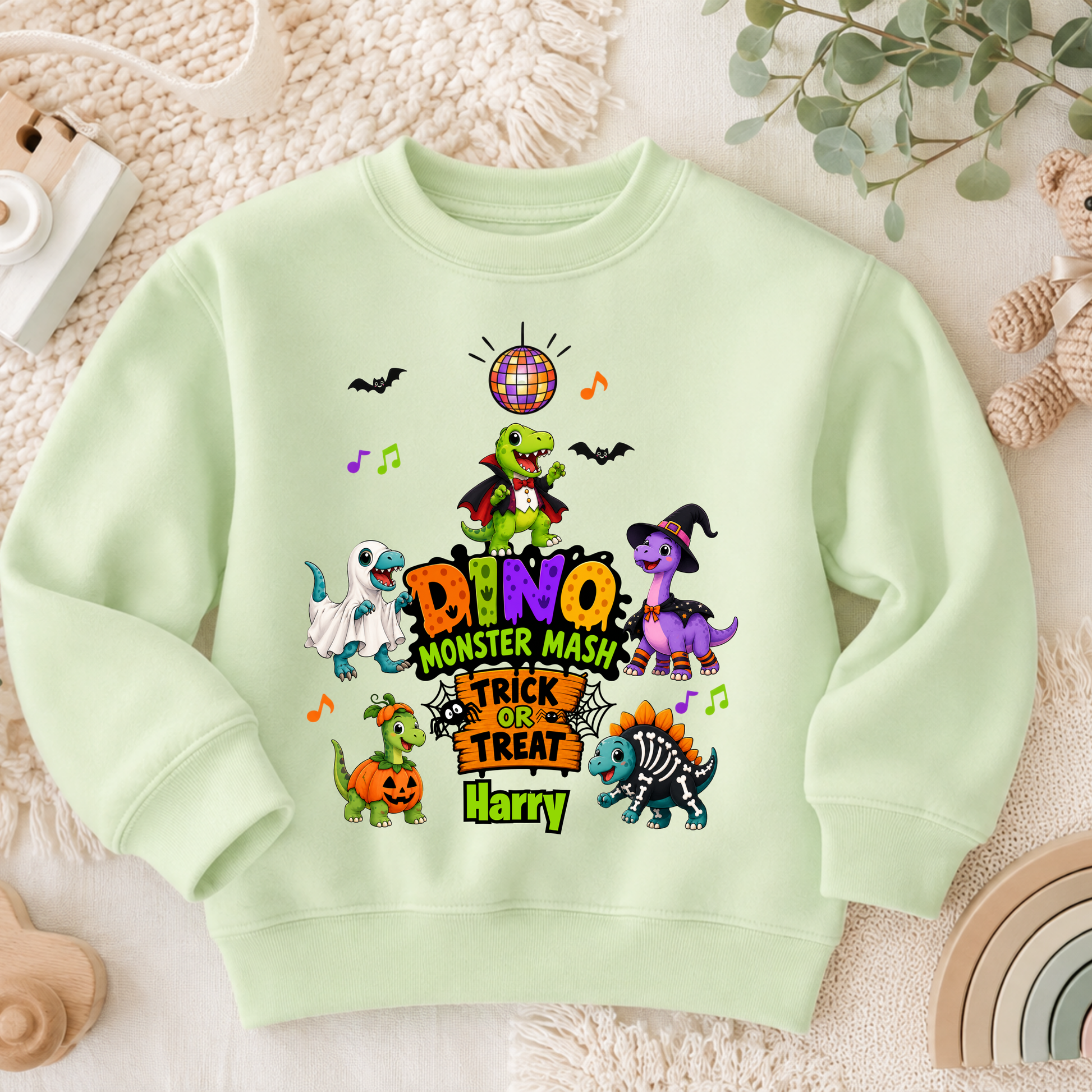 Personalised Halloween Sweatshirt for kids with name, colourful Dino Monster Mash dinosaurs, Trick or Treat design and cute Halloween characters.
