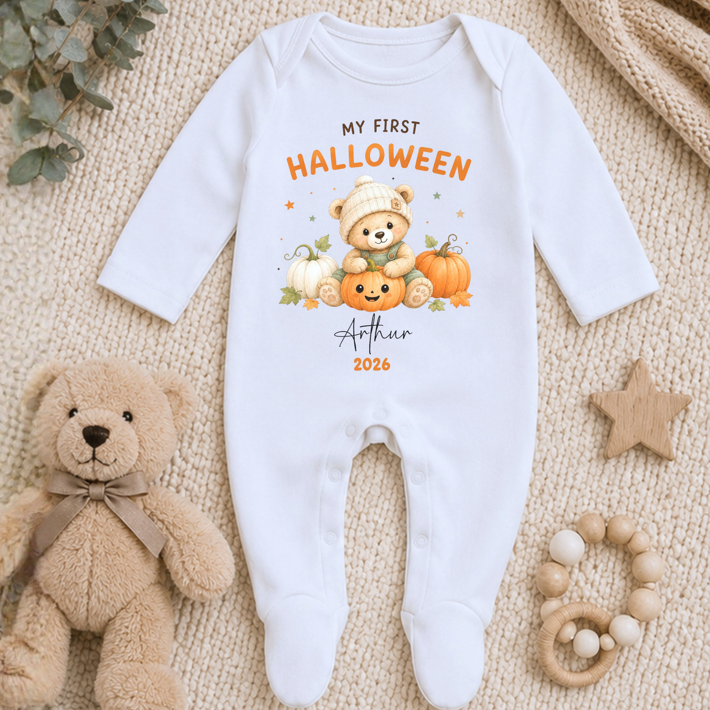 Personalised First Halloween Baby Outfit for boys with cute teddy bear and pumpkin design, customised with baby’s name and year.
