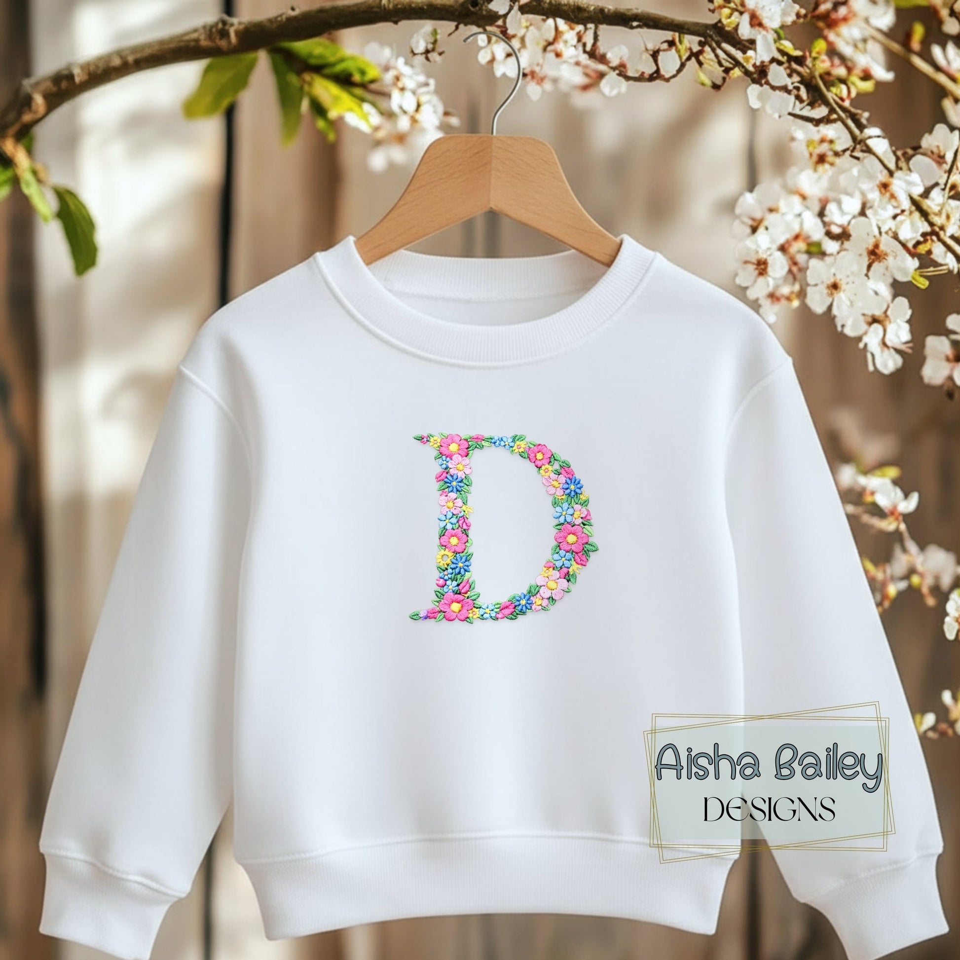 Personalised Embroidered Sweatshirt for girls with embroidered initial in pastal colours and floral