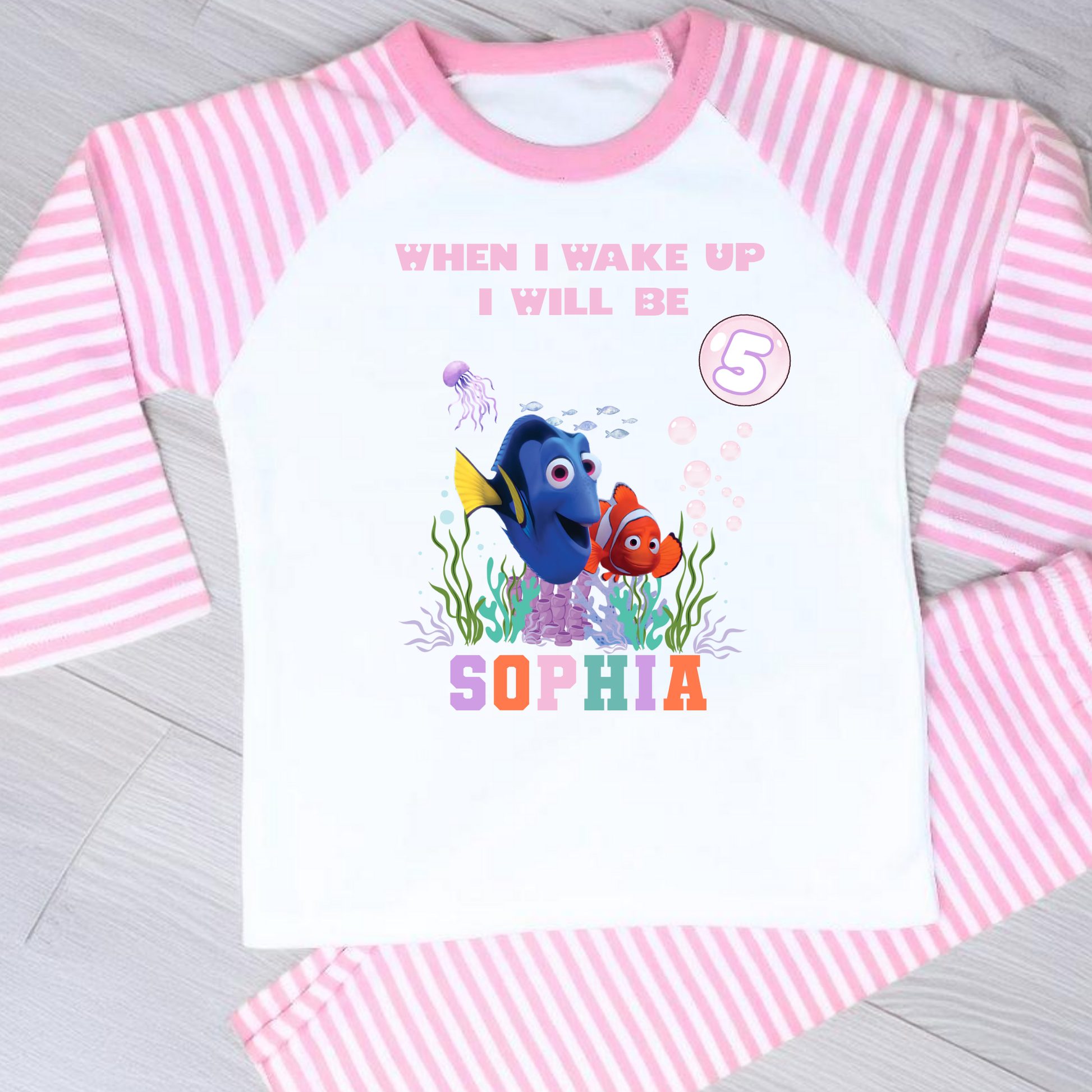 Nemo and Dory birthday pyjamas personalised with under the sea theme for girls