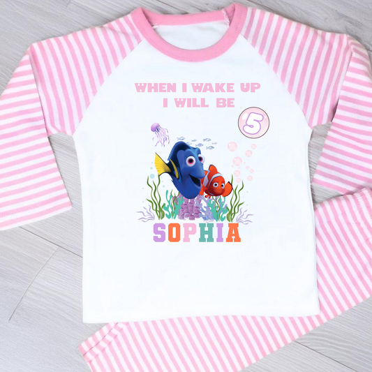 Nemo and Dory birthday pyjamas personalised with under the sea theme for girls