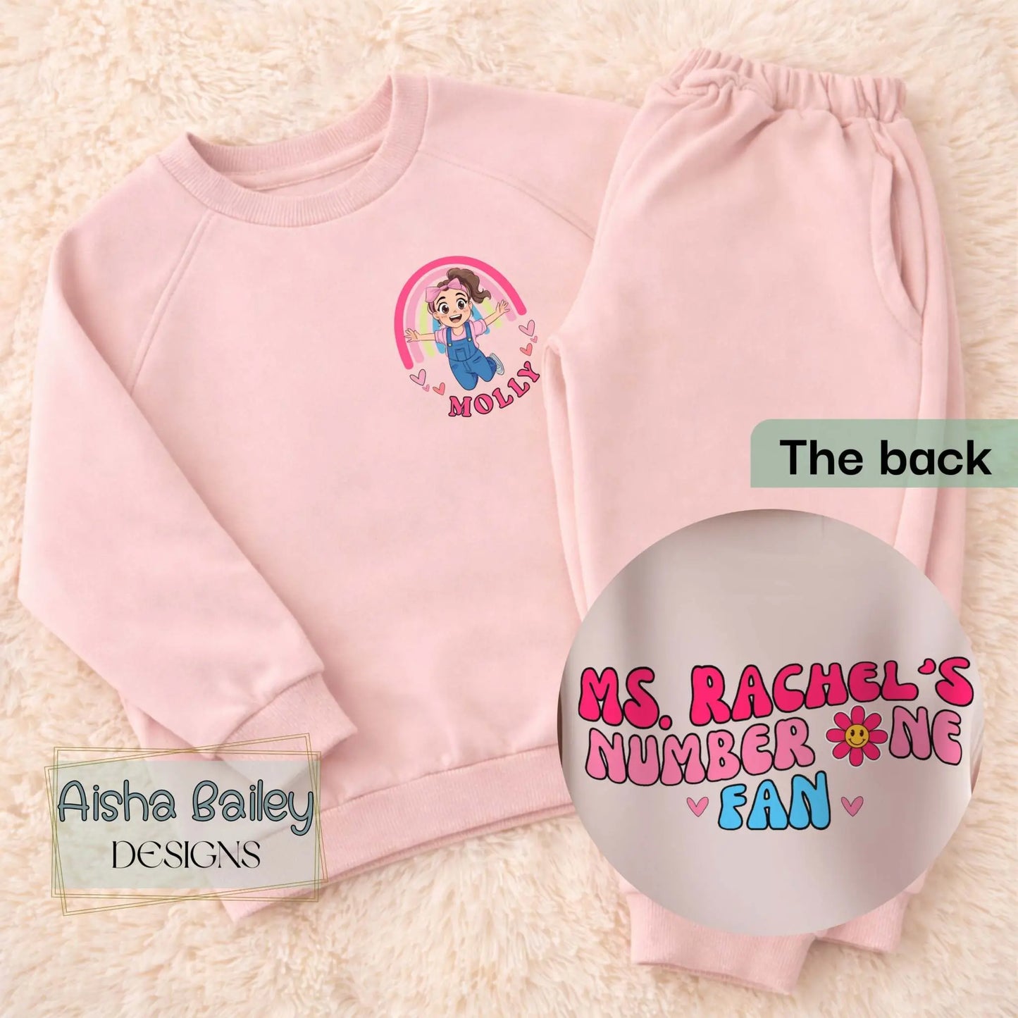 Ms Rachel Personalised Loungewear Set: Ms Rachel custom loungewear set for girls with matching top and bottoms and fun back print design
