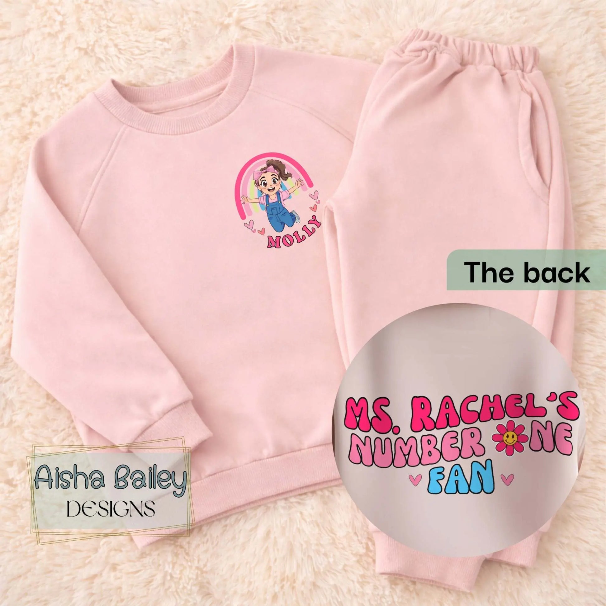 Ms Rachel Personalised Loungewear Set: Ms Rachel custom loungewear set for girls with matching top and bottoms and fun back print design
