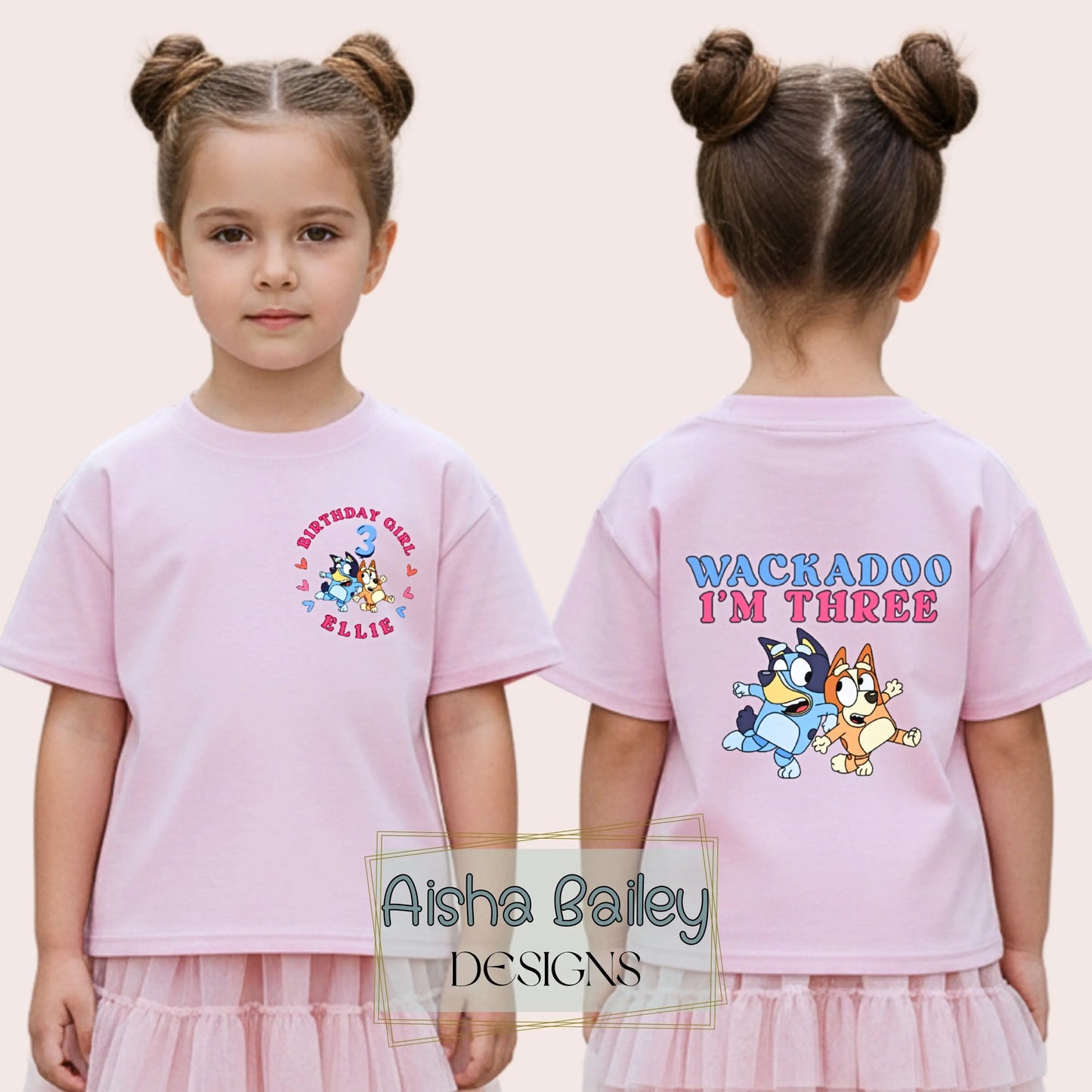 Personalised girls birthday t-shirt with Wackadoo I’m custom age design, name and age front print and large back print white tee