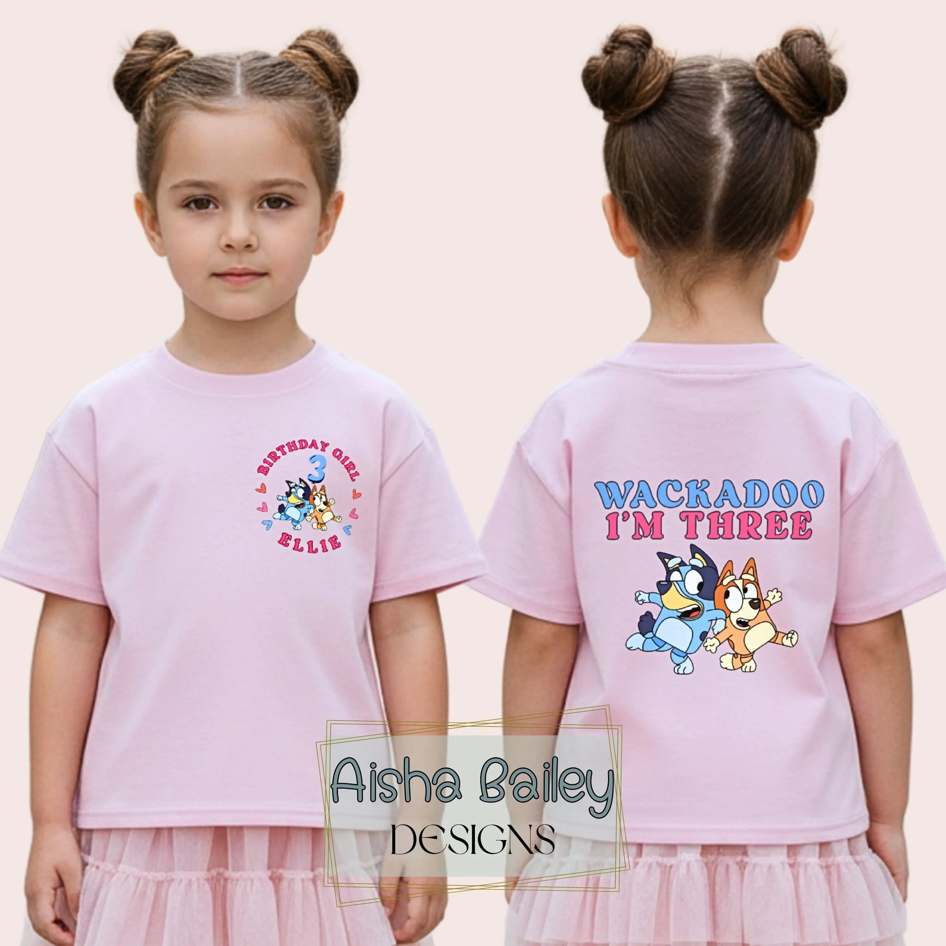 Personalised girls birthday t-shirt with Wackadoo I’m custom age design, name and age front print and large back print white tee