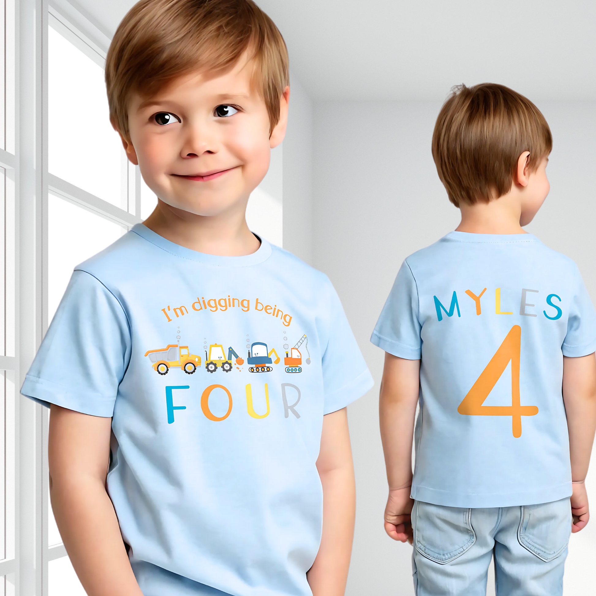 Personalised Excavator Boys Digger Birthday T-Shirt: This white t-shirt features a vibrant yellow tractor graphic alongside the playful text “I am digging being” with customisable age options to celebrate a birthday. The back is personalised with the boys name and age in vibrant yellow, blue and orange to match the digger theme. Ideal as a gift for a boy or toddler birthday or a construction-themed party, boys birthday gift, toddler birthday tshirt with printed back, personalised tractor shirt