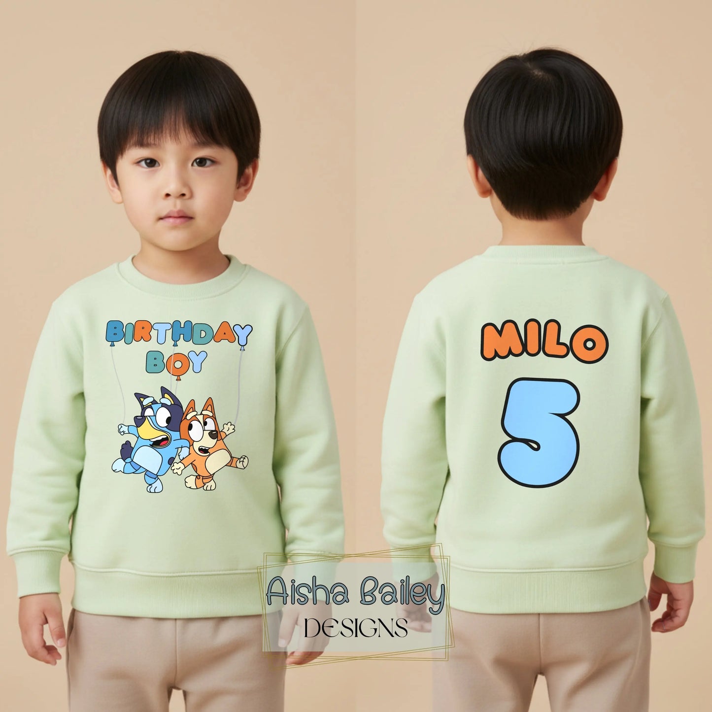 Personalised Bluey birthday boy sweatshirt for toddlers featuring a fun “Birthday Boy” design with Bluey characters on the front, and custom name “Tommy” with a large number 3 printed on the back. Made from soft, high-quality fabric for all-day comfort, this custom kids birthday outfit is perfect for parties, photos, and everyday wear. Ideal personalised Bluey jumper for boys, combining cute character style with a unique name and age design.
