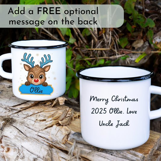 Kids Christmas mug - boys personalised cute reindeer Christmas cup, custom name mug