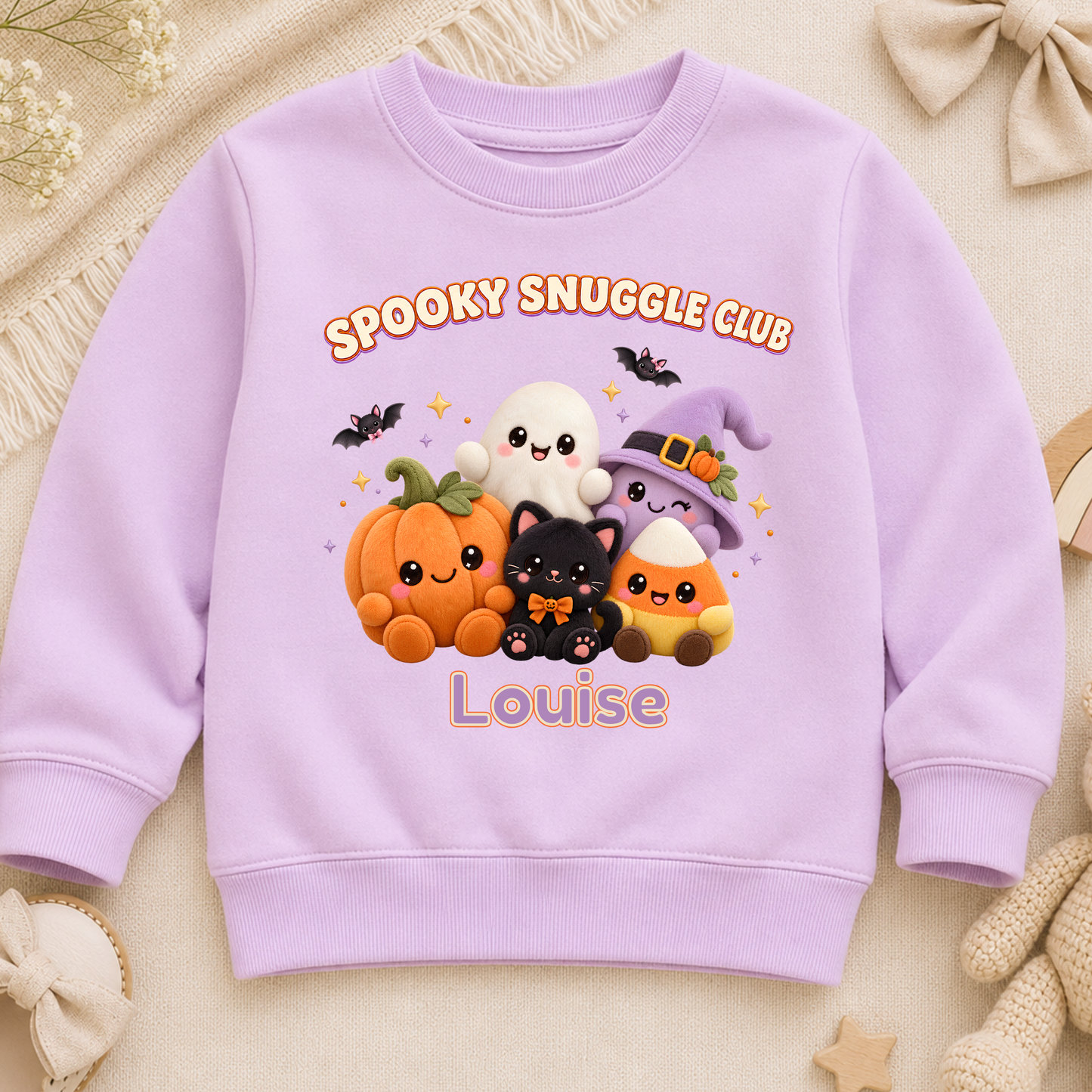 Personalised Halloween Sweatshirt for Kids with kawaii plush pumpkin, ghost, witch, black cat and candy corn Spooky Snuggle Club design.