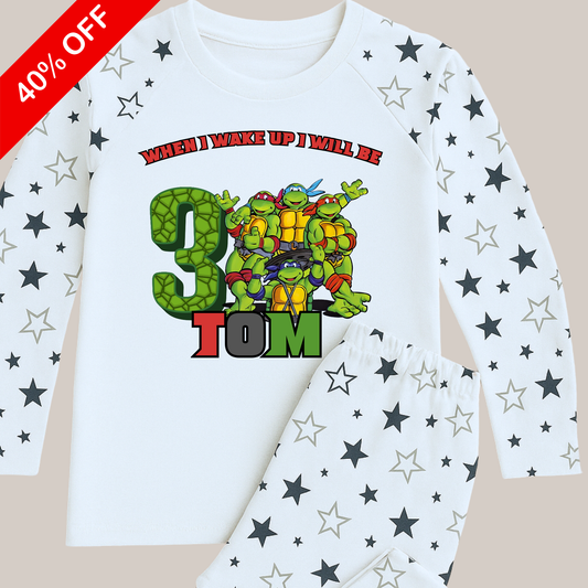 Ninja Turtles birthday pyjamas, when i wake up Ninja Turtles with black stars personalised