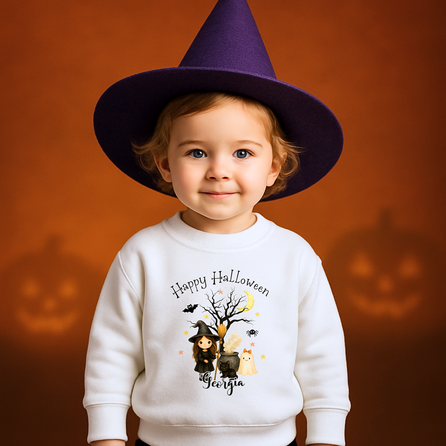 Personalised Halloween sweatshirt with cute witch design for kids, girls halloween jumper sweater with name, custom name halloween jumper