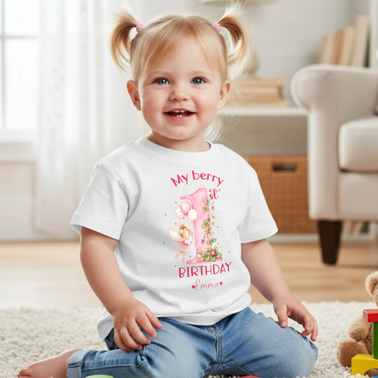 Berry 1st Birthday T-Shirt Personalised for Girls – Strawberry Fairy First Birthday Top AishaBaileyDesigns