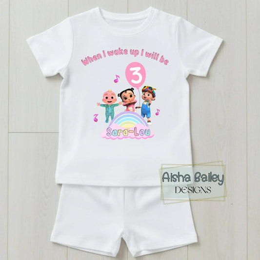 Personalised Cocomelon birthday pyjamas: Girls Short Birthday PJs with custom name and age