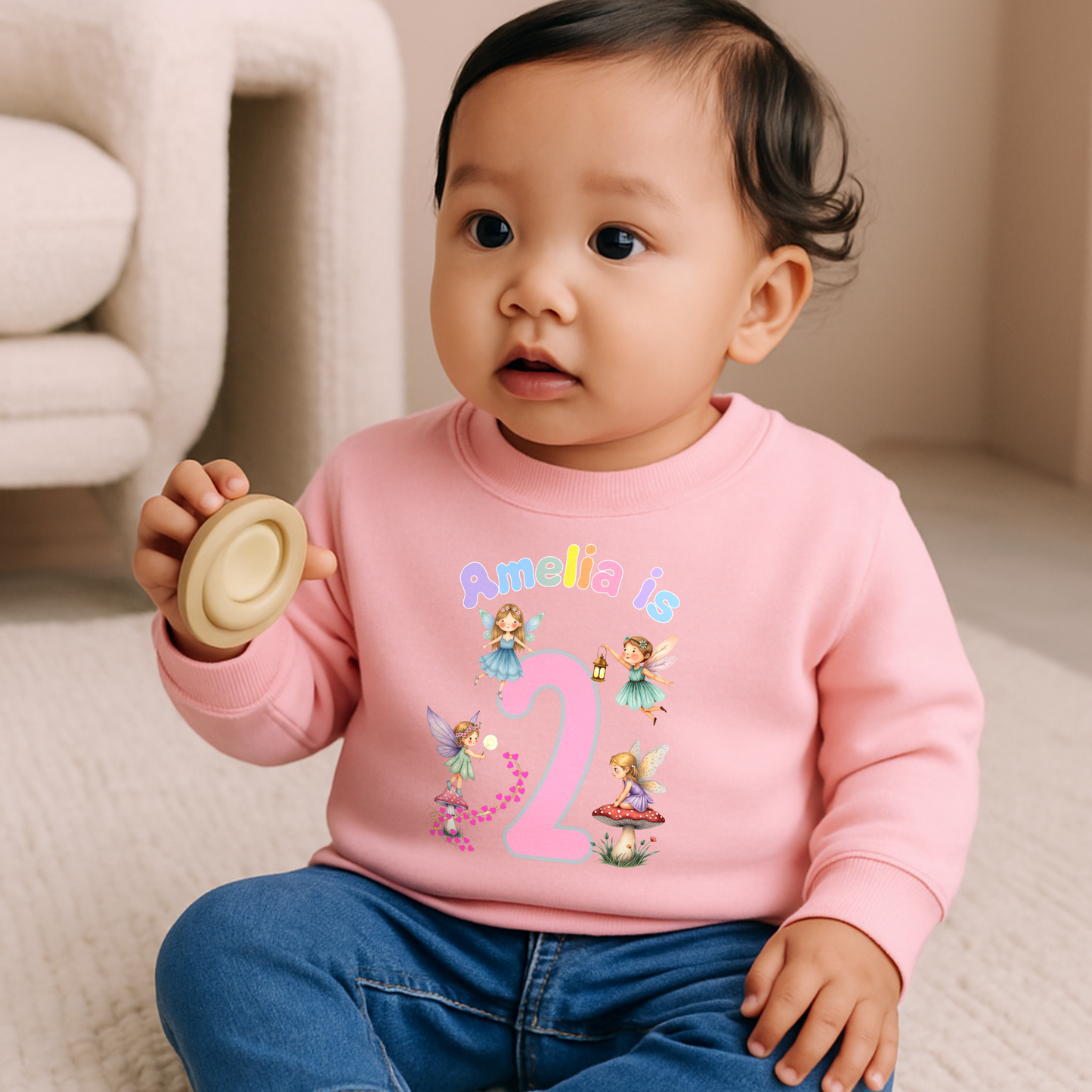 personalised fairy birthday sweatshirt for girls. Custom name & age design, perfect magical birthday outfit or gift for toddlers and children.