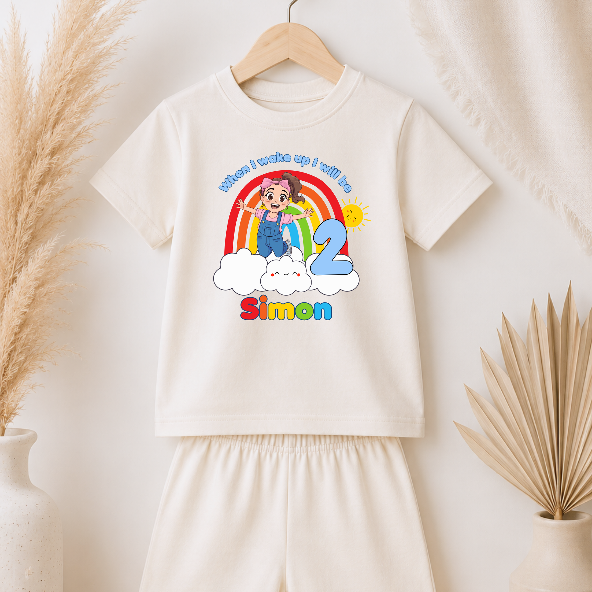 Boys Personalised Ms Rachel Short Birthday Pyjamas - When I Wake Up with custom name and age, colourful rainbow birthday design and short sleeve shorts set.