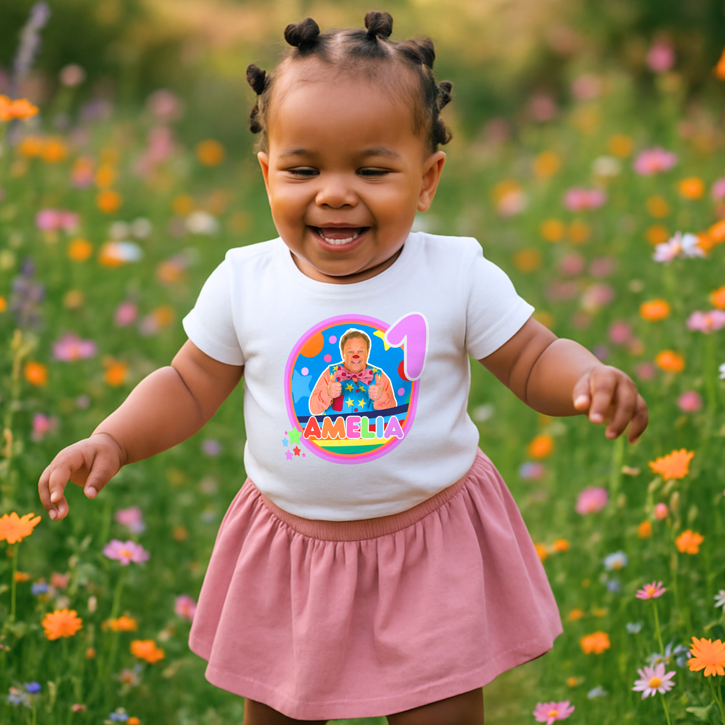 Personalised Mr Tumble birthday t-shirt for toddlers and girls, custom name and age birthday outfit with colourful design, perfect party gift