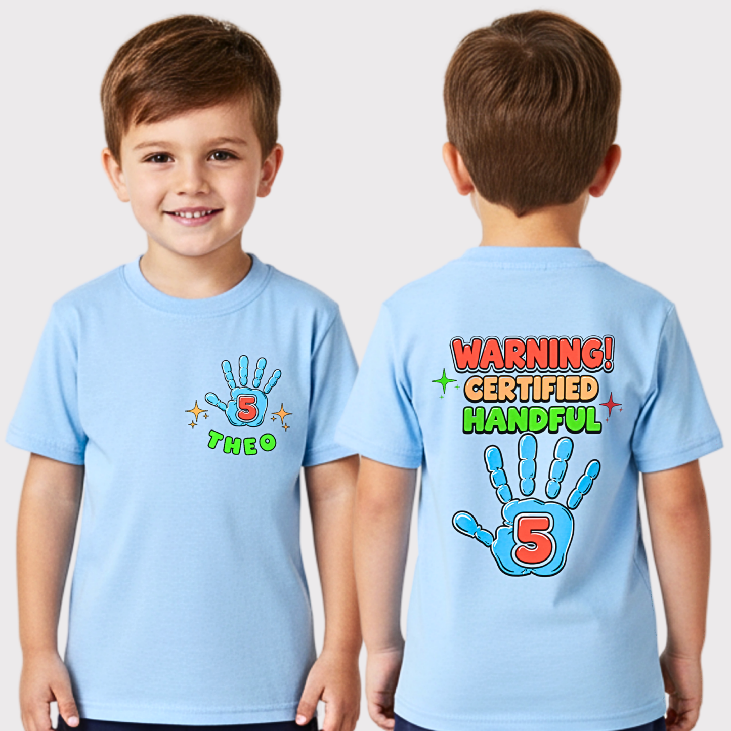 Personalised 5th Birthday T-shirt: Warning! Certified Handful Tee for Boys