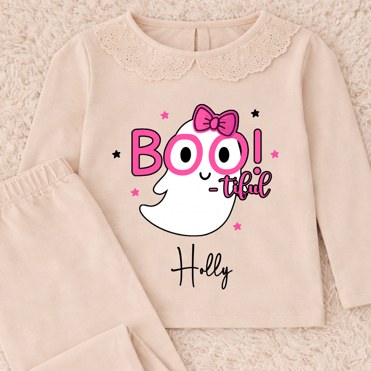 Personalised Halloween pyjamas for girls with pink Boo-tiful ghost design, custom name and white frill collar, cute kids Halloween nightwear.