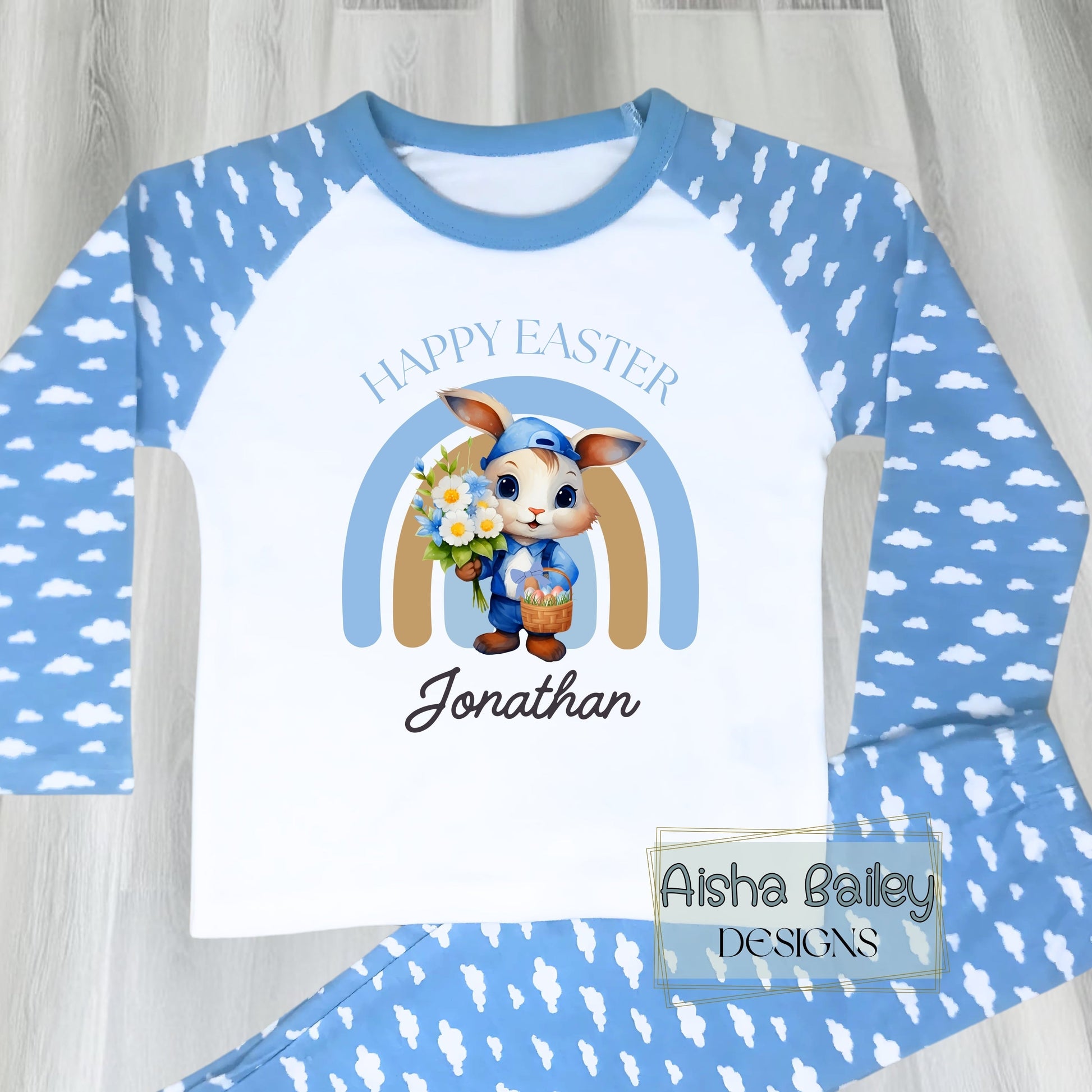 Personalised Easter Pyjamas for boys with their custom name. Easter gift with white Easter bunny