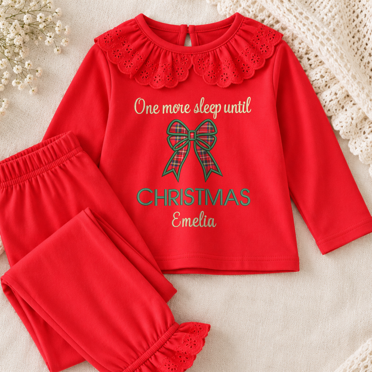 Girls Christmas Pyjamas personalised red frill nightwear with embroidered tartan bow, Christmas wording and child's name