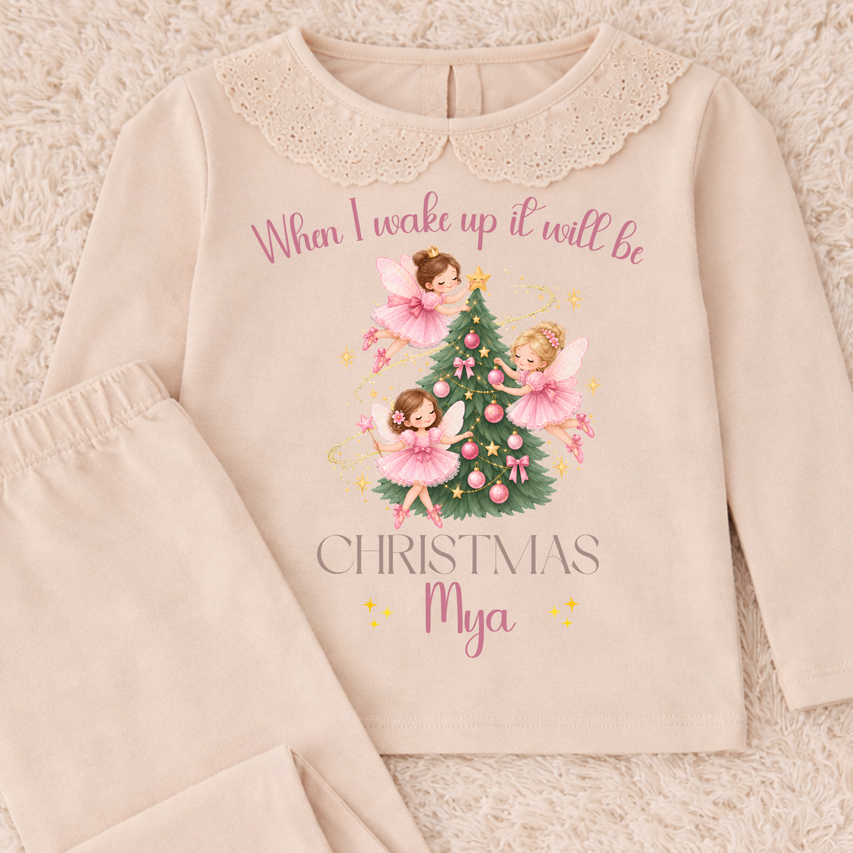 Girls Christmas Pyjamas personalised with name, featuring pink fairies, a Christmas tree and When I Wake Up It Will Be Christmas design.