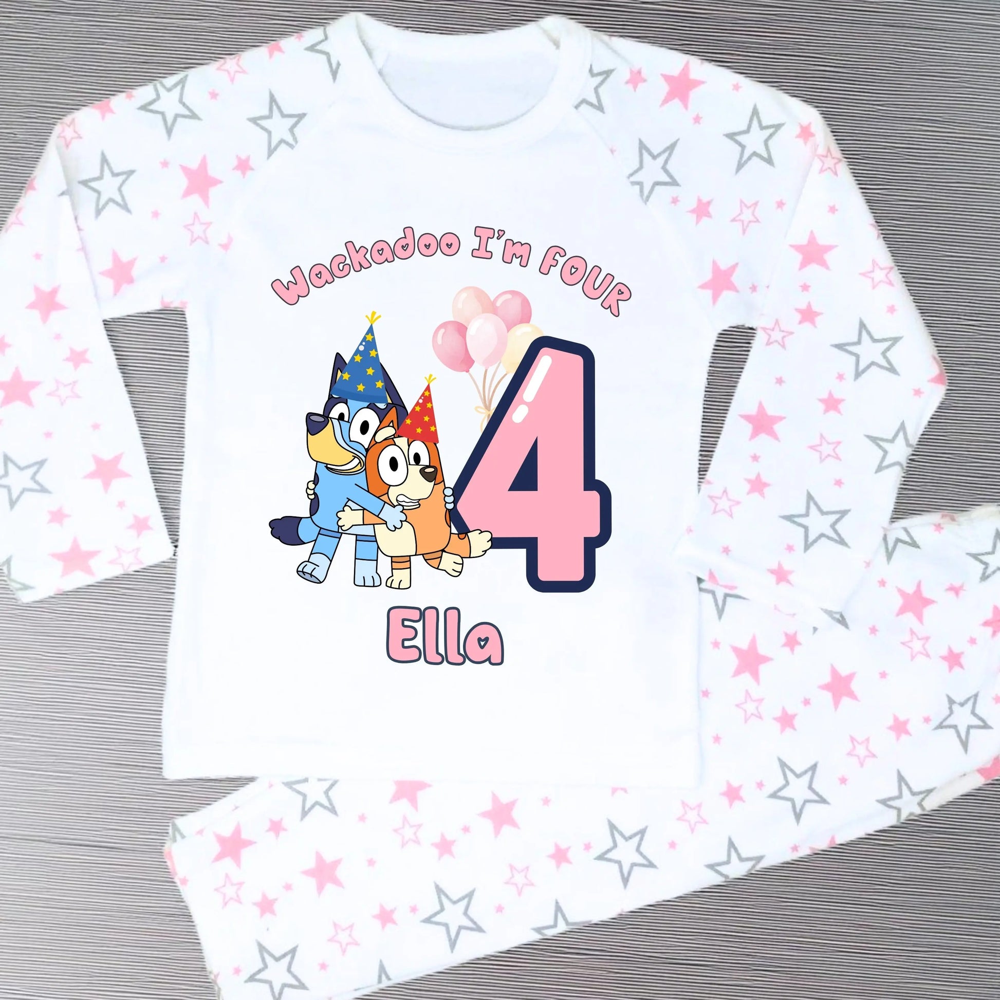 Bluey and Bingo Birthday Pyjamas for Girls with custom name and age in a pink party-themed design.