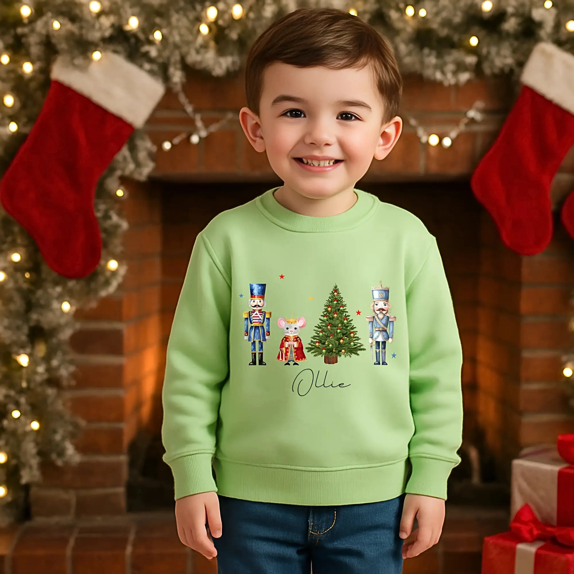Personalised Christmas Sweatshirt: personalised boys nutcracker christmas sweatshirt for christmas eve boxes with custom name and festive design