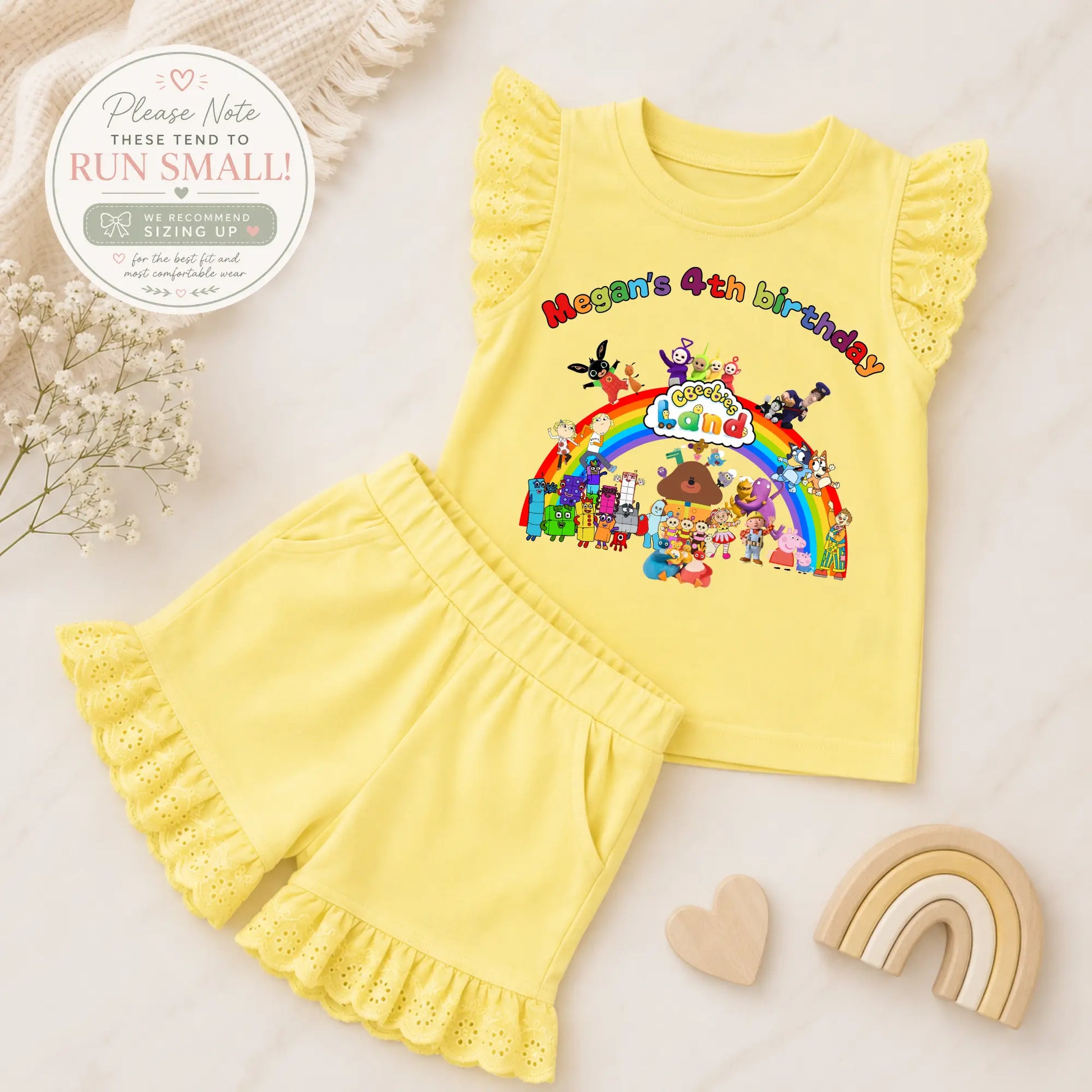 Personalised Cbeebies Character Birthday Outfit for Girls – Frilly Top and Shorts Set AishaBaileyDesigns