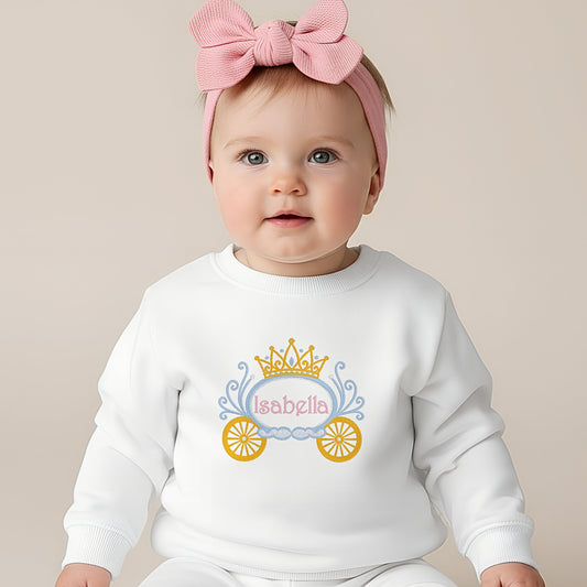 Princess Embroidered sweatshirt: Baby wearing a personalised embroidered princess carriage sweatshirt for girls made with premium threads and detailed stitching.