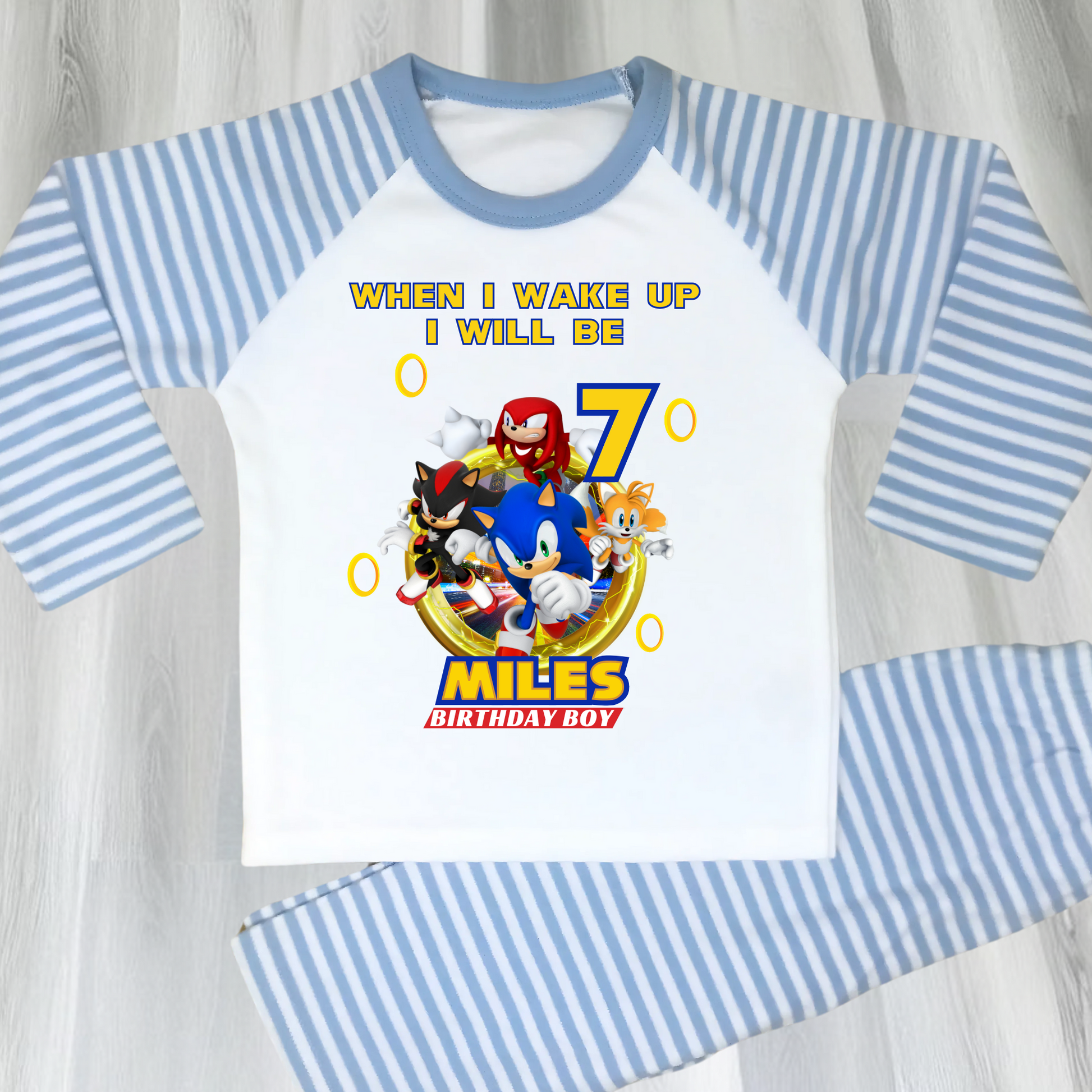 Boys Sonic birthday pyjamas, boys personalised sonic, gamers birthday pjs, sonic the hegehog pjs, sonic birthday pajamas