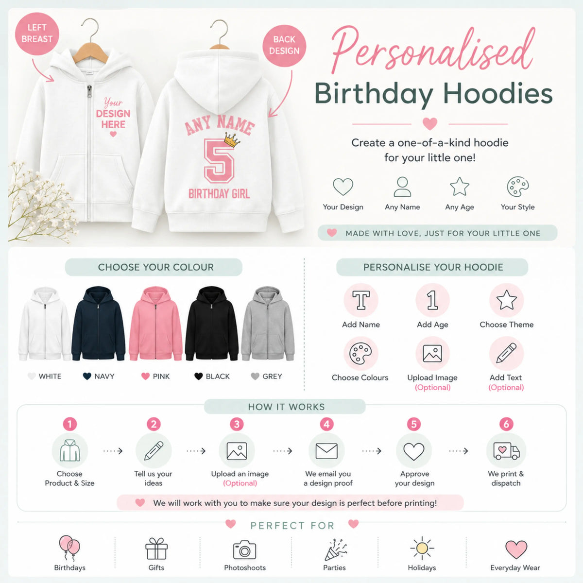 Girls Personalised Hoodie – Hoodie Design with Any Name, Text or Theme, Perfect for Her Birthday or Everyday Wear AishaBaileyDesigns