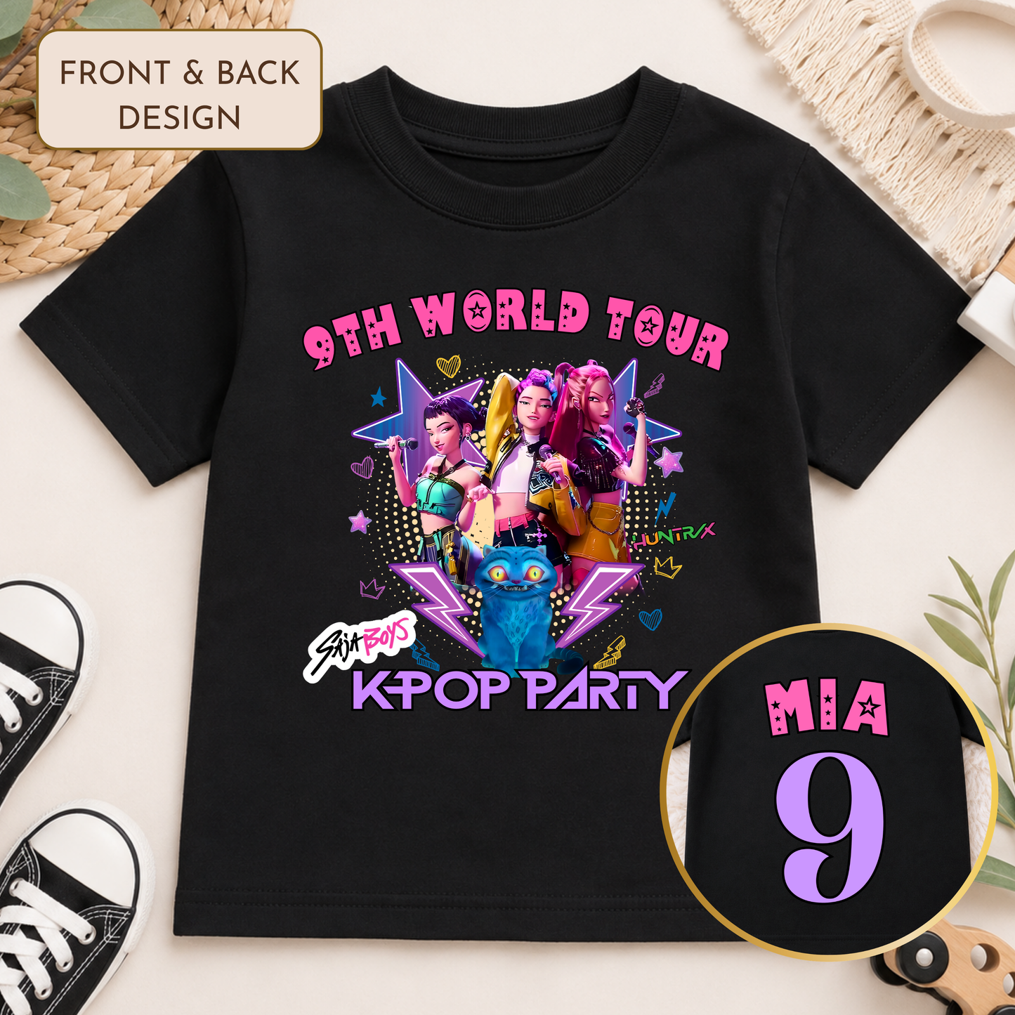 Personalised Kpop Demon Hunters Birthday T-Shirt for Girls – Pop Star Birthday Tee with Back Design AishaBaileyDesigns