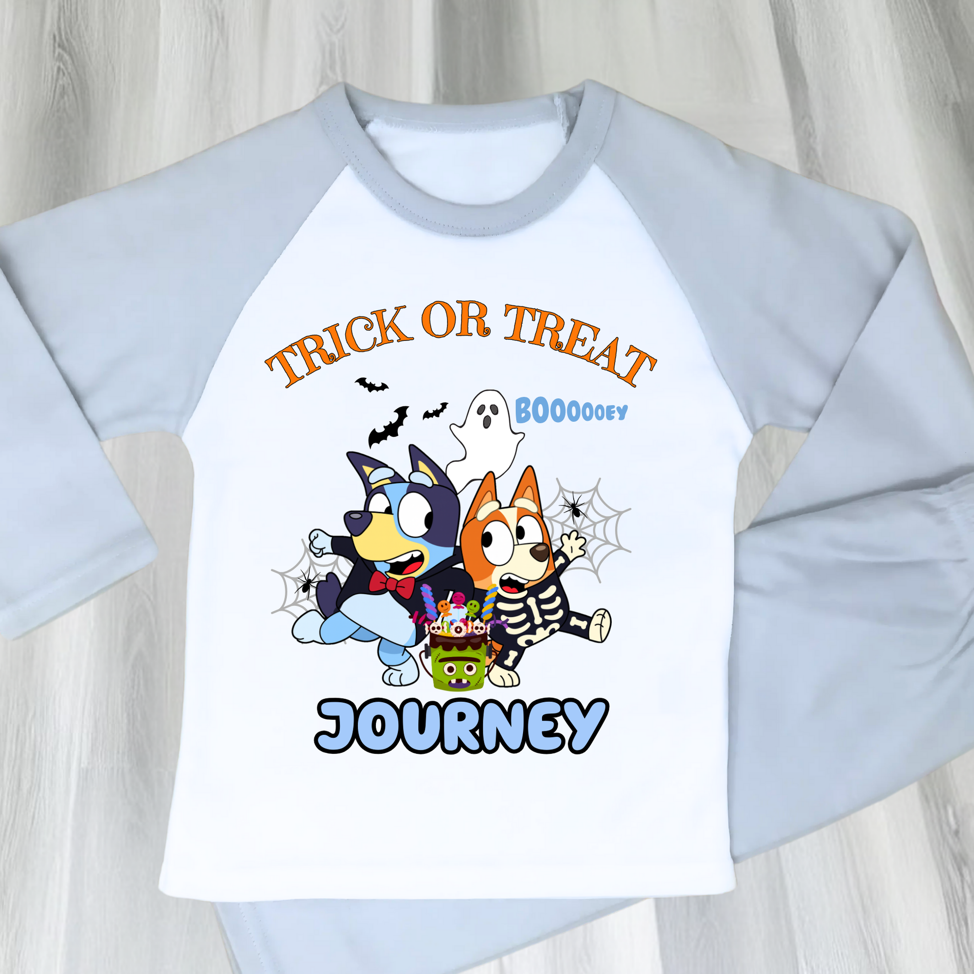 Boys personalised Bluey and Bingo Halloween pyjamas with name print and cute spooky design