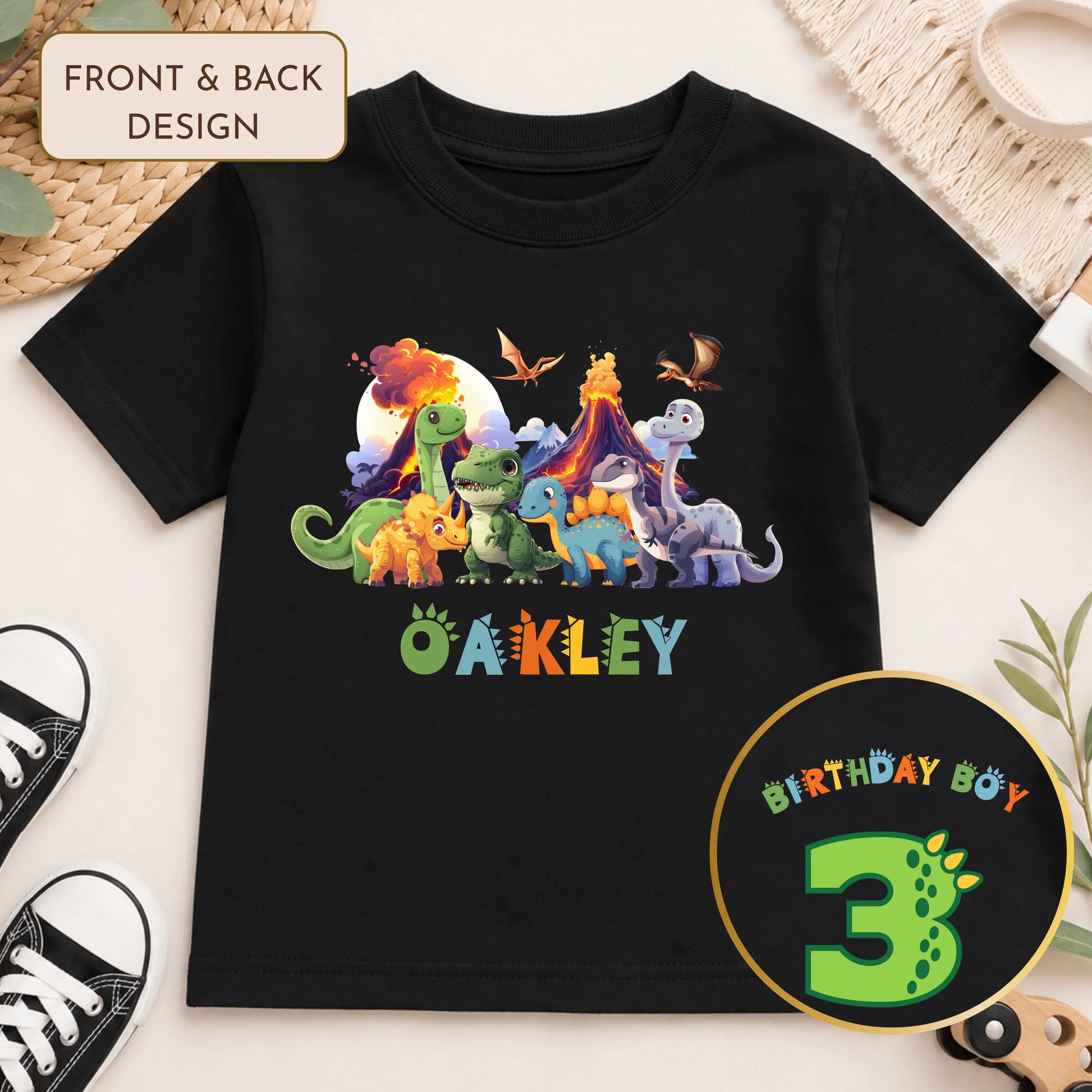 Boys Personalised Dinosaur Birthday T-Shirt with Back Design AishaBaileyDesigns