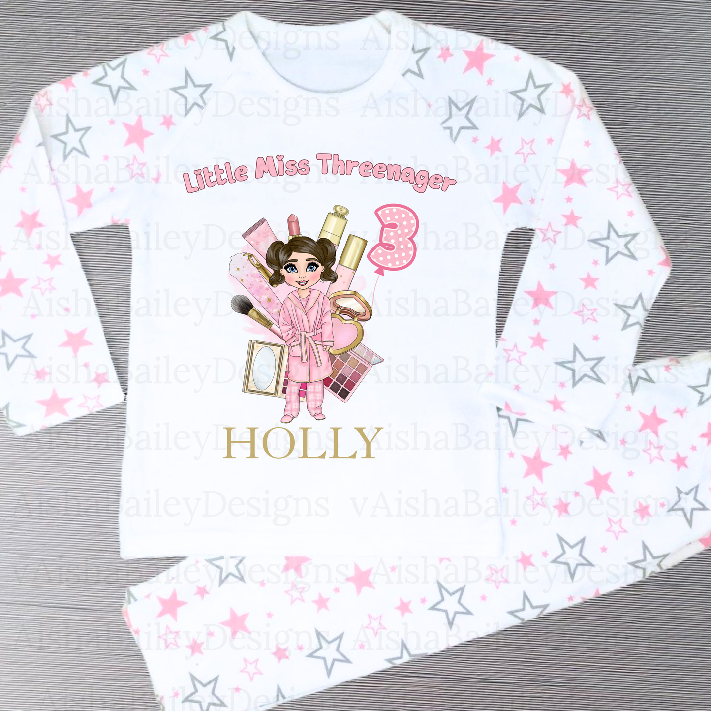 Personalised Threenager Birthday Pyjamas for Girls | Custom Makeup Dolly PJs - 3rd Birthday PJs AishaBaileyDesigns
