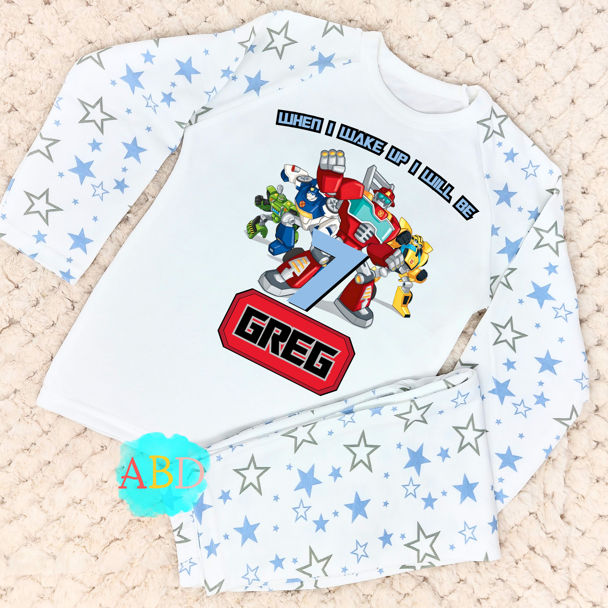 Transformers Birthday Pyjamas for Boys: Customised Transformers Birthday PJs, Rescue bots pjs, boys transformer birthday, robot birthday pjs