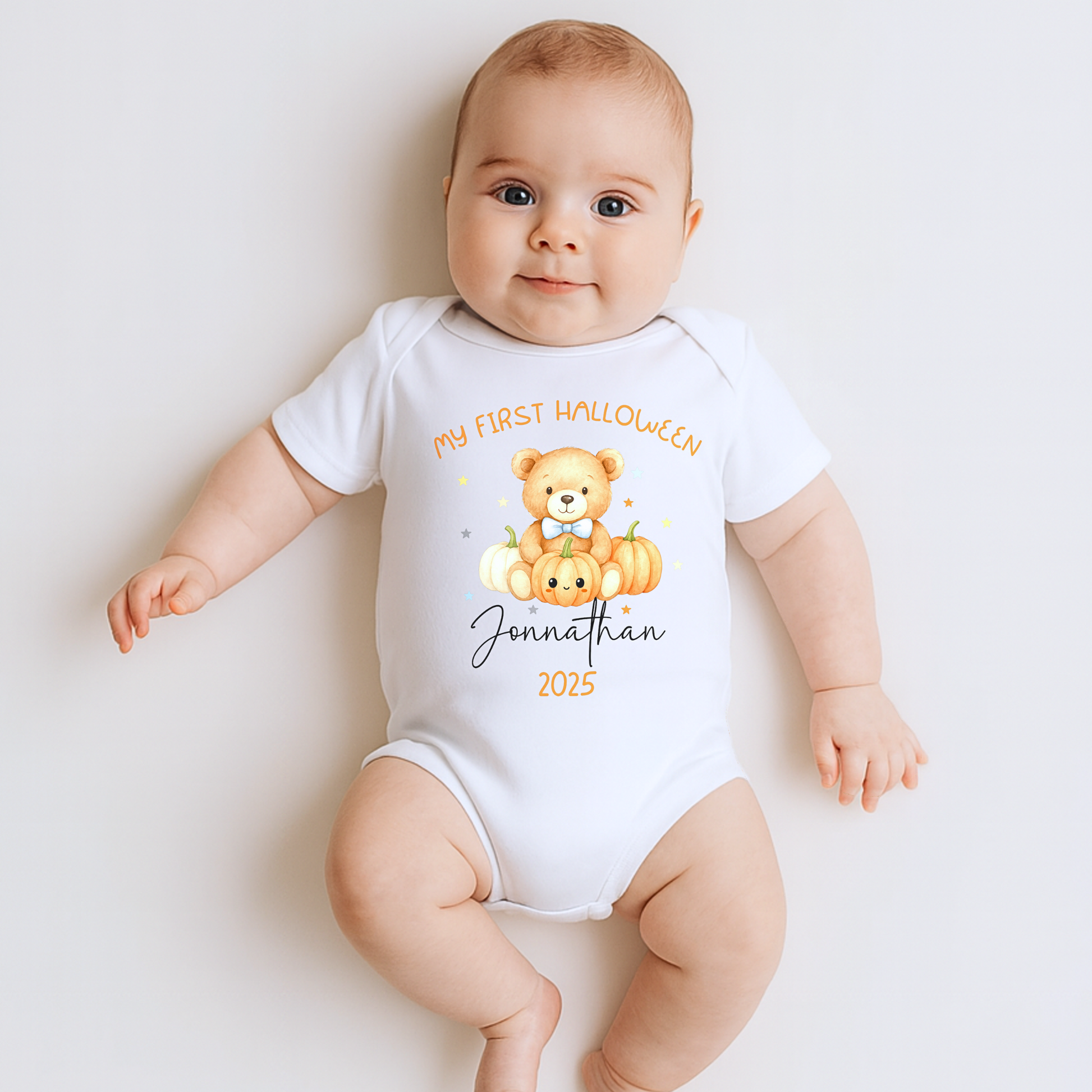 Personalised First Halloween Outfit for baby boy with teddy and pumpkin design, customised with baby name.