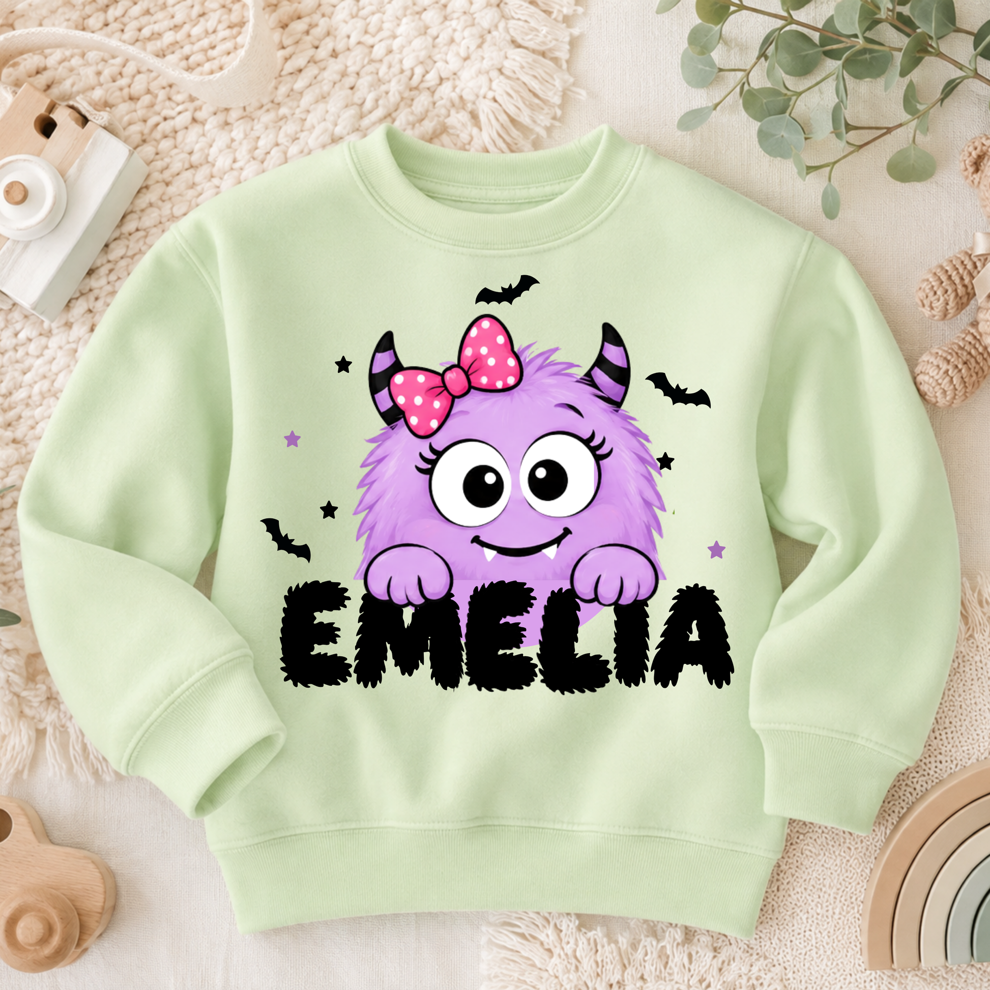Personalised Halloween Sweatshirt for Kids with child's name and cute monster design, unisex Halloween jumper for boys and girls.