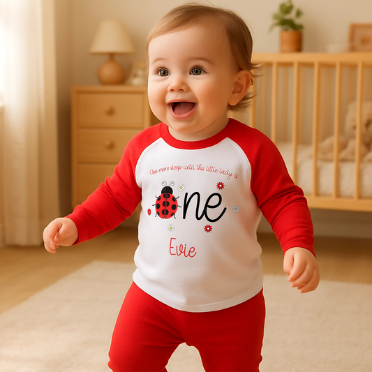 personalised 1st birthday pyjamas, When I wake up one, I am one, custom name pajamas, ladybird birthday pyjamas