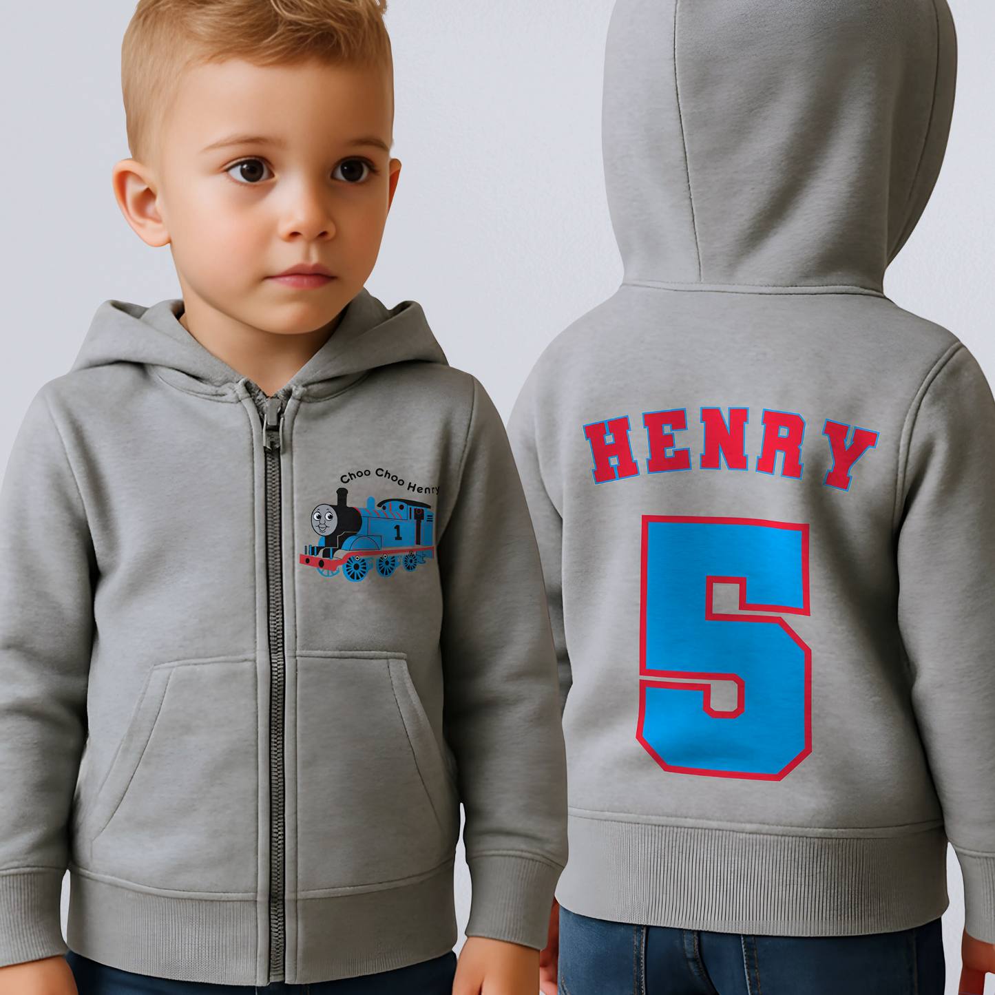personalised thomas hoodie for boys – zip up with name on front and name plus age on back, birthday gift in white, black, grey, and navy blue