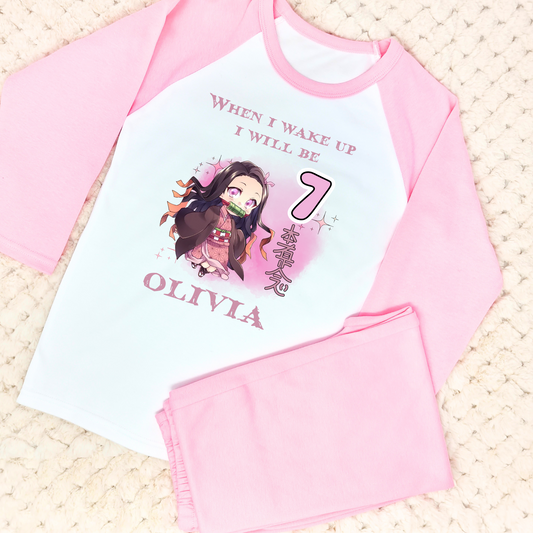 Nezuko Birthday Pyjamas - Girls' Custom Nezuko Birthday PJs, Anime Demon Slayer, Girls Anime birthday pyjamas, Anime personalised, Demon Slayer birthday pyjamas