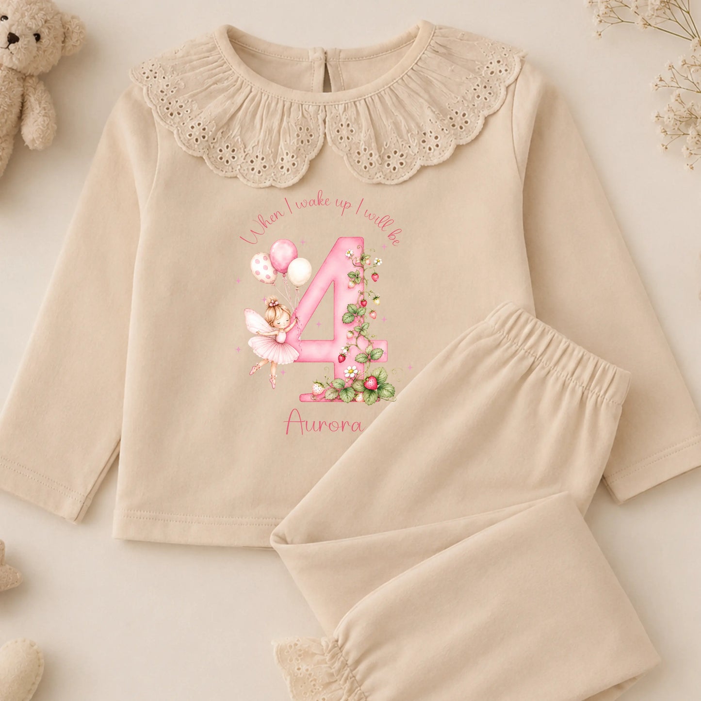Girls Personalised Birthday Pyjamas – Strawberry Fairy Frill Pyjama Set AishaBaileyDesigns