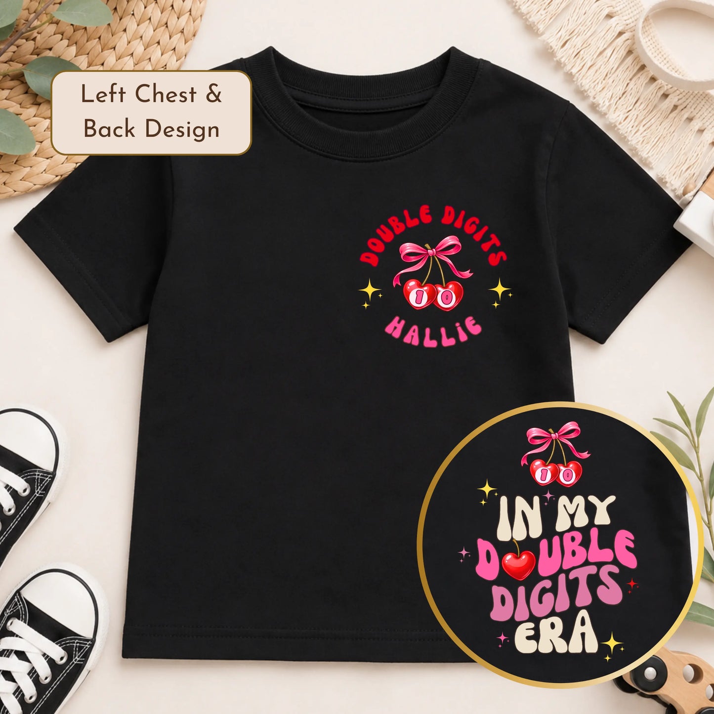 Personalised Double Digits Birthday T-Shirt for Girls - Cherry Themed Birthday Shirt AishaBaileyDesigns