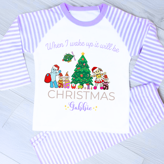 Personalised In the Night Garden Christmas pyjamas for girls with festive characters and custom name design