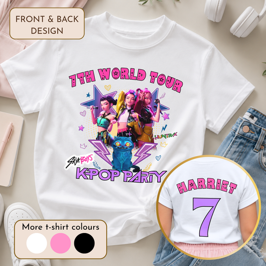 Personalised Kpop Demon Hunters Birthday T-Shirt for Girls with colourful front design and custom name and age printed on the back.