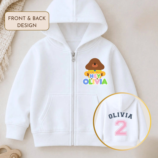 Personalised Hey Duggee Birthday Hoodie for Girls with Back Design AishaBaileyDesigns