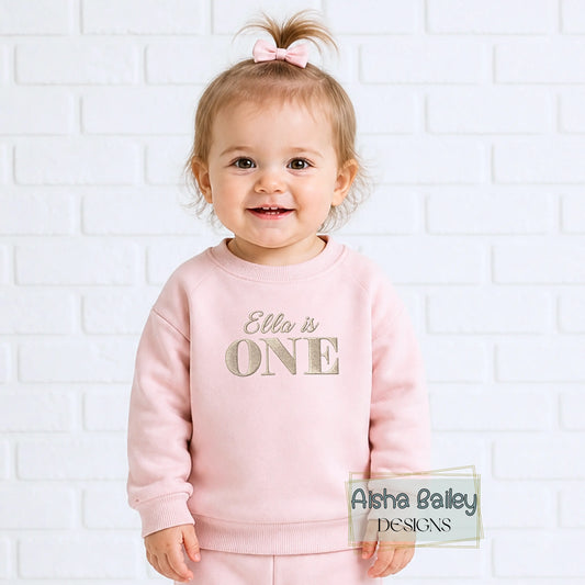 girls personalised embroidered 1st birthday outfit pink loungewear set