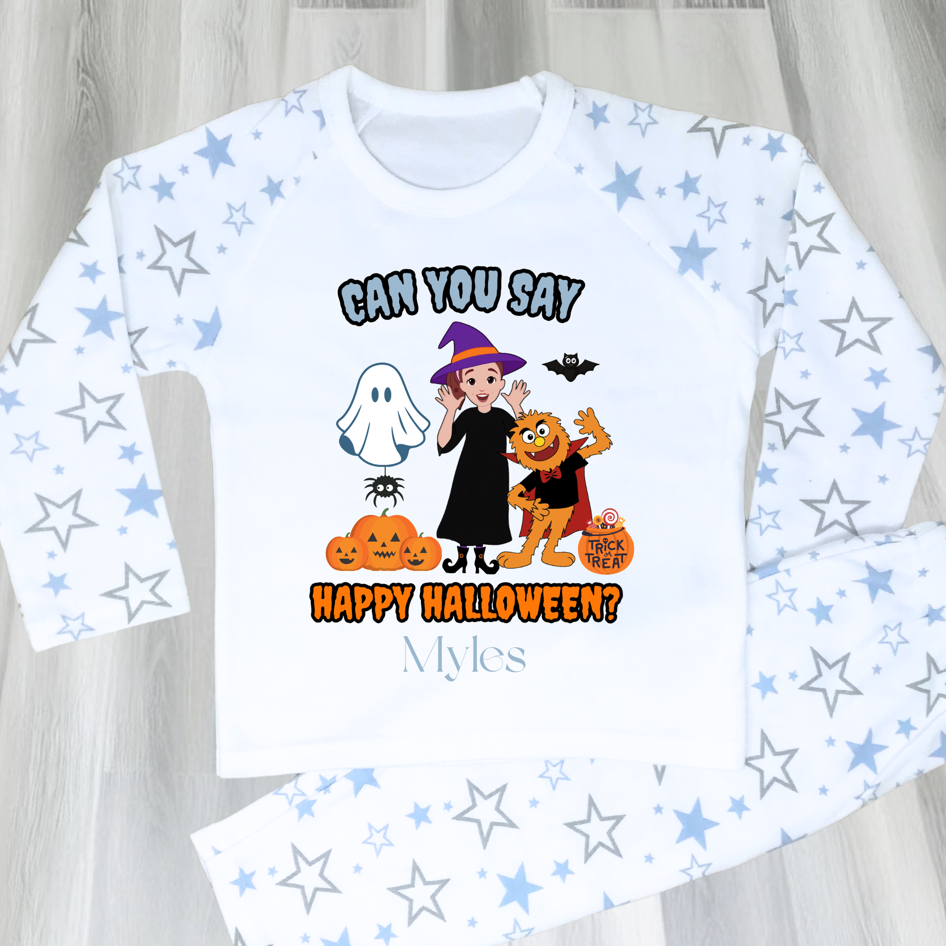 Boys personalised Ms Rachel Halloween pyjamas with “Can You Say Happy Halloween?” design and child’s name