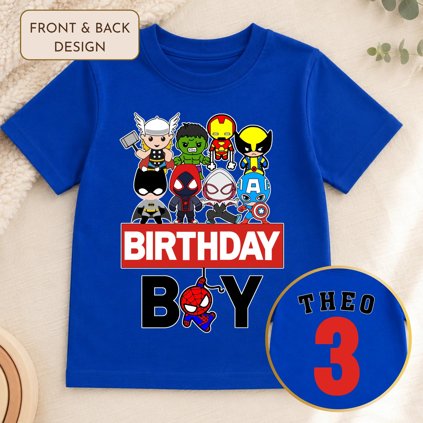Boys Personalised Superhero Birthday T-Shirt with Name & Age Front and Back AishaBaileyDesigns